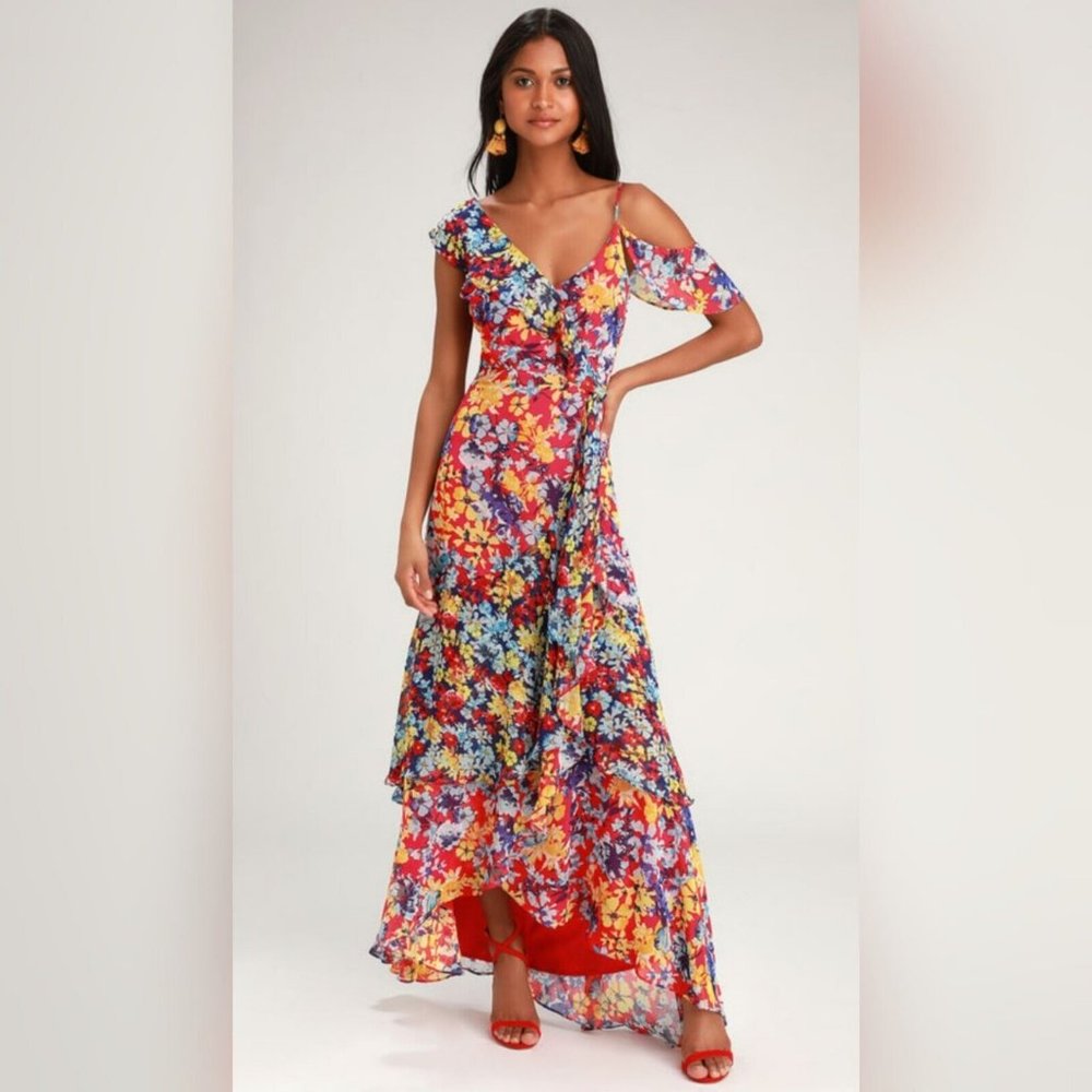 Radiant Ruby Red Floral Print Chiffon Maxi Dress